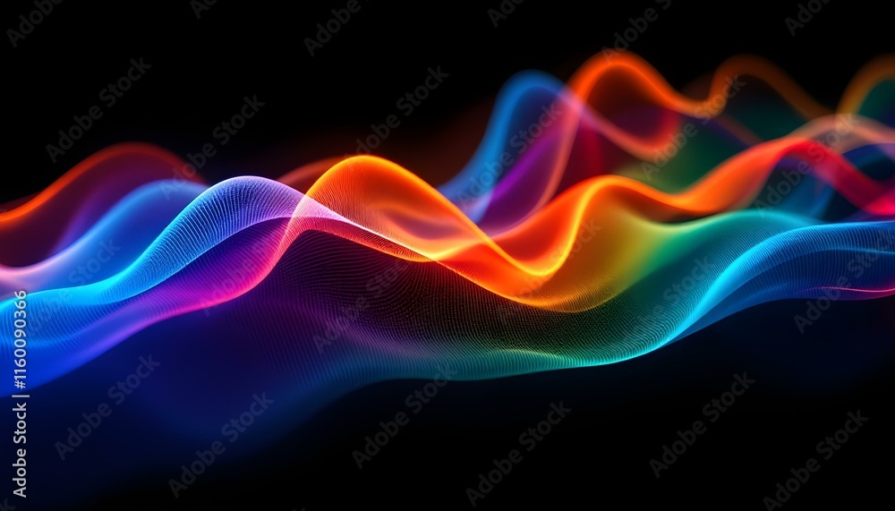 Poster Abstract flowing wavy lines. Colorful dynamic wave background design element for concepts of music, party, and technology. A colorful, abstract wall with a blue background. Wave style gradient