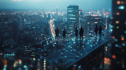 Obraz premium abstract professional business team people innovation connection of line from nail node to node on Smart Innovation city with connection cyber security network reciprocity , networking concept