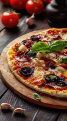 Delicious freshly baked pizza with sun-dried tomatoes and basil