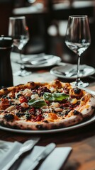 Delicious Gourmet Pizza with Fresh Ingredients on Rustic Table