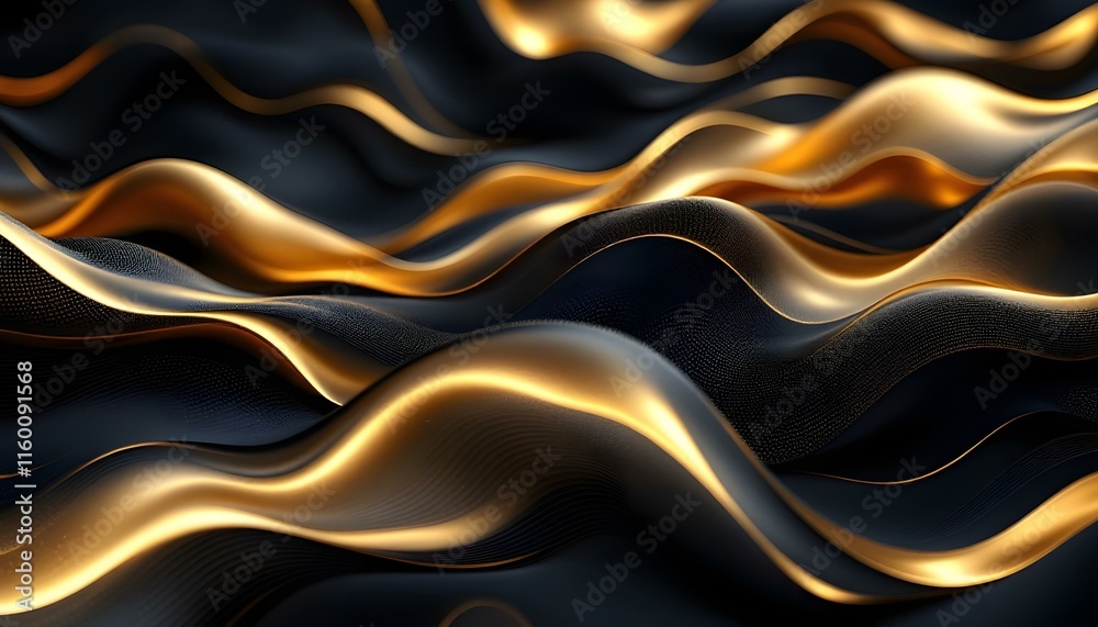 Poster Abstract waves of luxurious black lines on a gradient background with golden accents. Abstract futuristic waved dark black background design. Realistic 3d luxury flowing line background design
