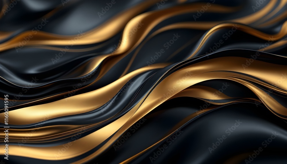 Poster Abstract waves of luxurious black lines on a gradient background with golden accents. Abstract futuristic waved dark black background design. Realistic 3d luxury flowing line background design