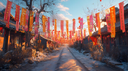 A vibrant street adorned with colorful banners, creating a festive atmosphere in a serene village.