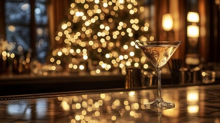 A cocktail glass sits on a bar with a festive, illuminated Christmas tree in the background.