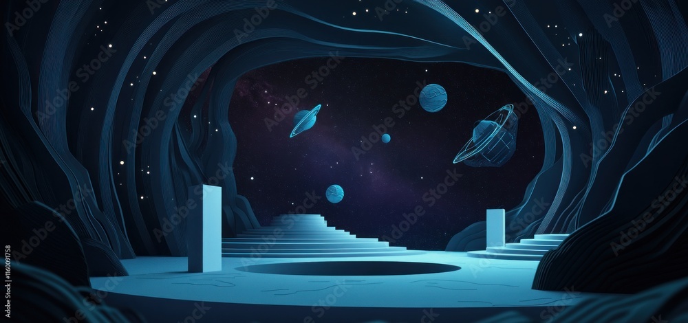 Poster futuristic cave scene with planets and stars visible through an opening.