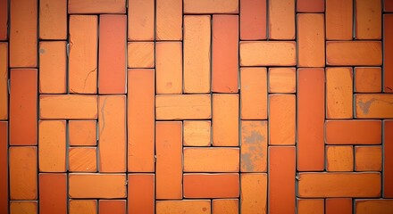 A herringbone arrangement of rectangular terracotta tiles in assorted earth tones, creating a seamless and rustic pattern
