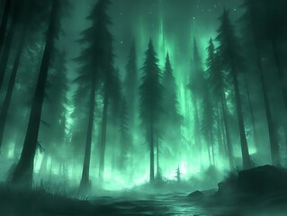 Ethereal Green Forest Illuminated by Aurora Borealis