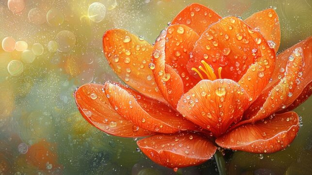 Dewy orange crocus blossom close-up.