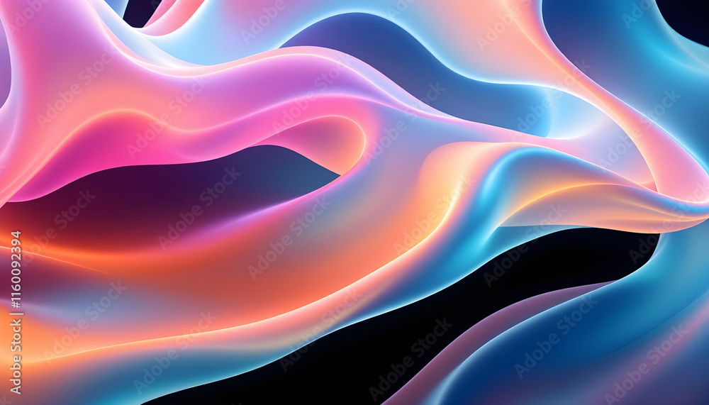 Poster Abstract light emitter glass with iridescent holographic neon vibrant gradient wave texture 3d render. 3d render of abstract light emitter glass with iridescent holographic neon vibrant gradient wave