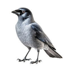 Angled view full body shot of an extremely perfect looking single Jackdaw animal isolated on a white transparent background