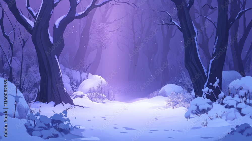 Poster mystical snowy forest path at twilight.