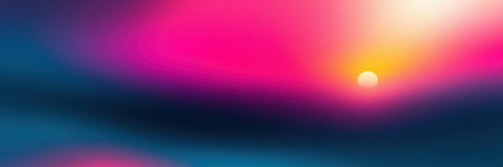 Obraz premium Abstract sunset, vibrant gradient, neon pink, electric blue, orange glow, horizon blur, minimalist landscape, digital art, smooth color transition, atmospheric, dreamy, surreal, wide panorama, etherea