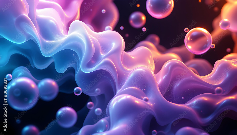 Poster Abstract blue and purple gradient color floating liquid blob. 3d rendering image with smooth transitions and vibrant hues. Pearlescent design abstract background. 3d abstract liquid shape design
