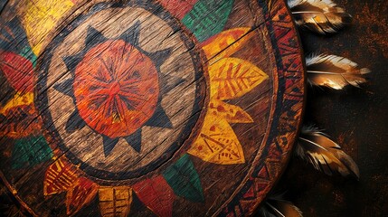 Obraz premium Vibrant Handcrafted Wooden Shield with Colorful Sun and Leaf Designs