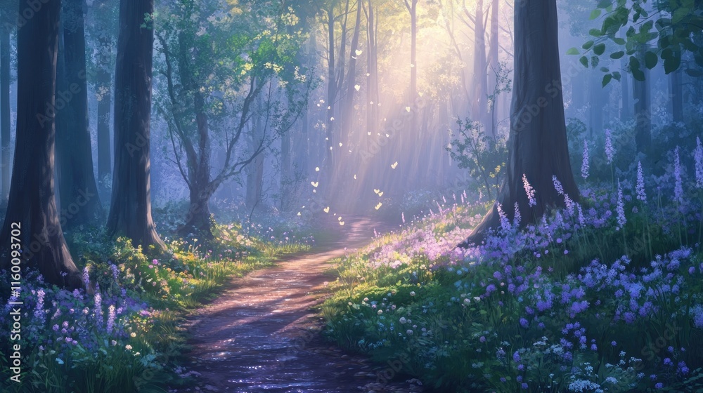 Poster Sunlit path through a mystical forest with purple wildflowers and floating butterflies.