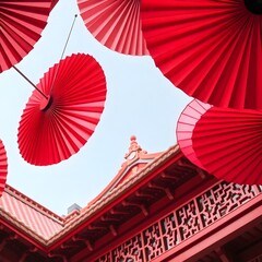 Chinese New Year Red Lanterns Decoration, Celebrating Lunar New Year with Red Paper Lanterns, decorative fan red paper made, Japanese aesthetics, chinese new year red background. 