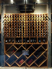 Luxurious Wooden Wine Cellar with Diamond-Patterned Storage