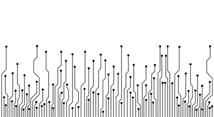 A minimalist black and white illustration of a circuit board pattern with lines and dots symbolizing connections. 