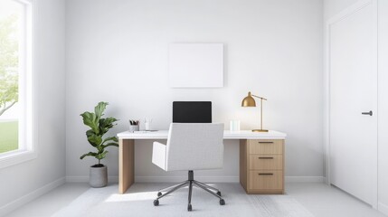 Fototapeta premium Modern Minimalist Home Office Design Featuring White Desk and Ergonomic Chair with Natural Light and Green Plant for a Calming Workspace Atmosphere