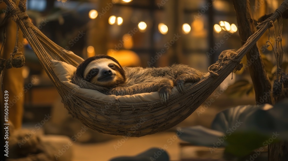 Poster sloth relaxing in a hammock at night.