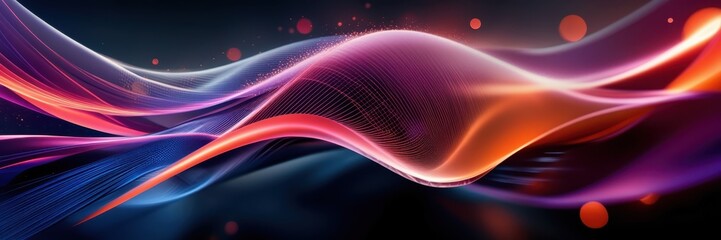 Vibrant flowing energy waves, neon colors, abstract cosmic background, glowing ribbons of light, dynamic motion, smooth curves, futuristic design, dark space backdrop, luminous streaks, digital art, e