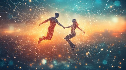 Naklejka premium Couple joyfully leaping, connected by glowing lines, against a vibrant sunset cityscape backdrop.