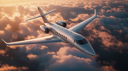 Luxury private jet flying above clouds at sunset. Illustrates private aviation, travel, and luxury.