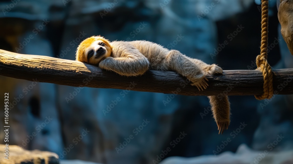 Poster Relaxed sloth resting on a tree branch, basking in sunlight.