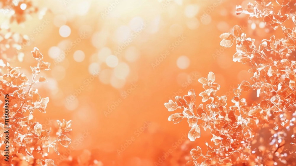 Poster warm autumnal scene with frosted leaves and bokeh background.