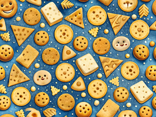 Obraz premium A delightful pattern of various biscuits and crackers on a blue background.