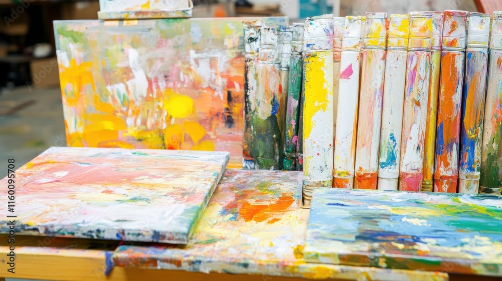 Aufkleber an artistic painting workshop with colorful canvases and diverse brushes, paint tubes organized in a