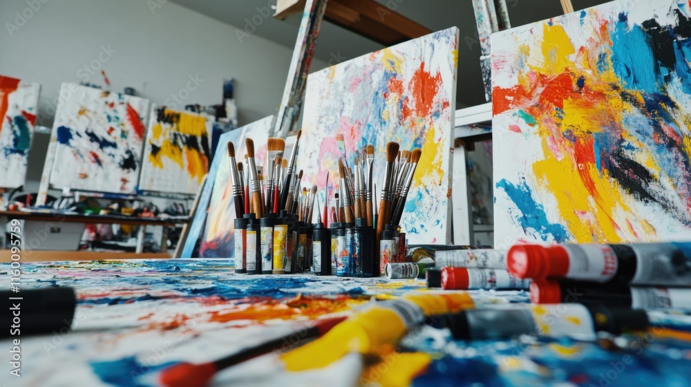 Poster an artistic painting workshop with colorful canvases and diverse brushes, paint tubes organized in a