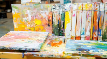 An artistic painting workshop with colorful canvases and diverse brushes, Paint tubes organized in a creative studio space, Abstract expressionism style