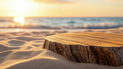 Tranquil beach sunset with a wooden podium on the sand