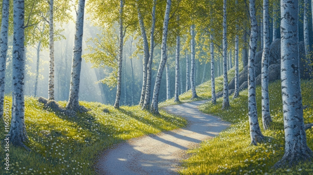 Poster sunlit path winding through a birch forest with wildflowers.