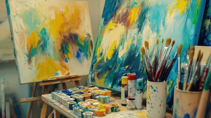 Fototapeta premium An artistic painting workshop with vibrant canvases and assorted brushes, Paint tubes organized in a creative studio space, Abstract artistry style