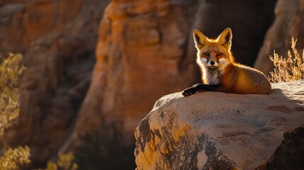 Red fox resting on a rock in a canyon, sunlit.