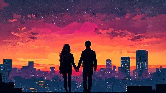 An anime couple holding hands, with city lights at night, in a digital art style illustration. The romantic scene depicts a city skyline with a beautiful sunset a