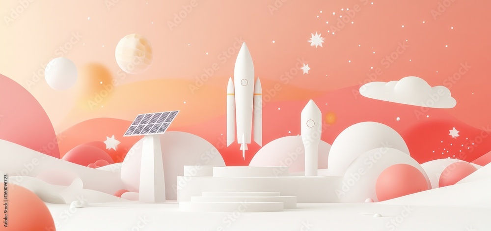 Aufkleber Abstract 3D rendering of rockets launching into a pastel sky with planets and a solar panel.