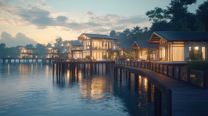 Fototapeta premium Luxurious overwater villas at sunset.