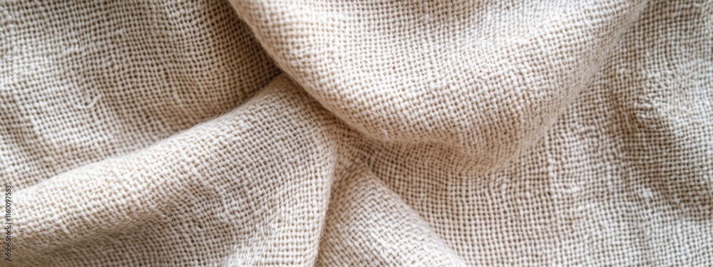 Poster close-up of beige linen fabric texture with wrinkles and folds.
