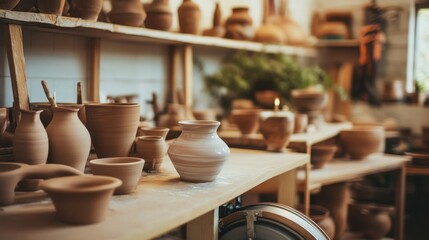An atmospheric pottery workshop with spinning wheels and clay sculptures, Pottery tools neatly organized on shelves, Artistic pottery style
