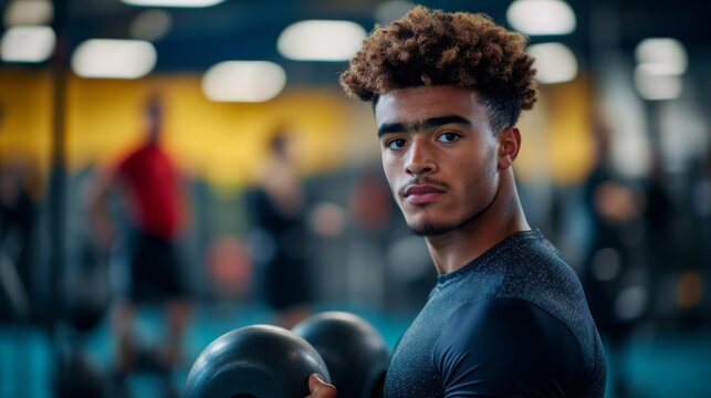 A young man lifting weights in a vibrant gym environment. His focus and determination shine through in this dynamic fitness setting. Every rep counts. Generative AI