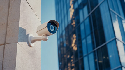 Close up of white security camera mounted on wall, overlooking modern glass building. This captures essence of urban surveillance and safety