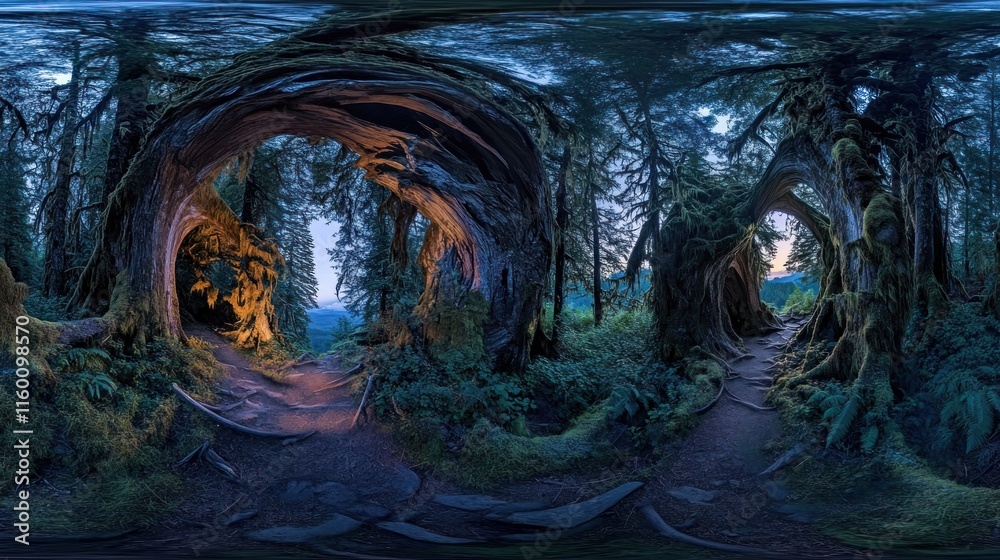 Poster 360° view of a mystical forest path at twilight, winding through ancient trees with glowing interior
