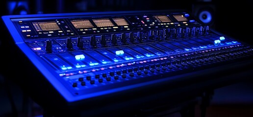 A digital audio mixing console featuring illuminated controls for sound production.