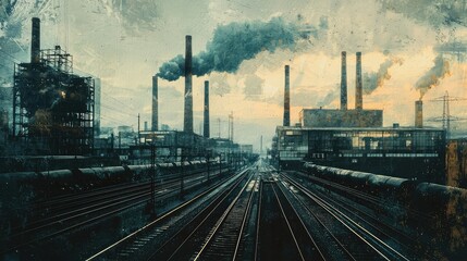 Fototapeta premium Industrial Landscape with Smoke Stacks and Train Tracks at Dusk