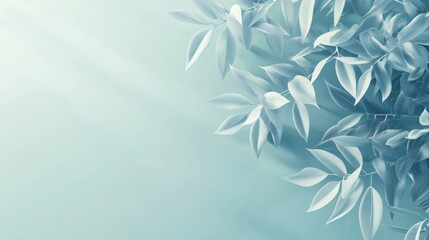 Soft light illuminates pale green leaves on a teal background, creating a serene, minimalist scene.