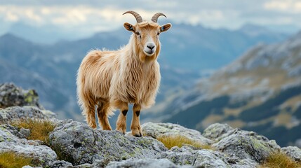 Naklejka premium Alpine Goat Standing Proudly on Rocky Terrain with Mountains Background