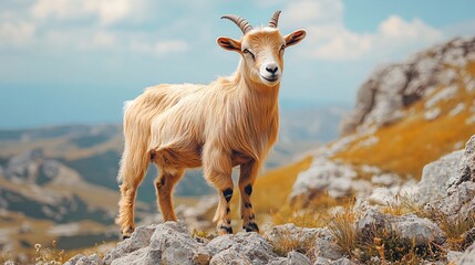 Obraz premium Cute Goat Standing on Rocky Terrain with Scenic Background